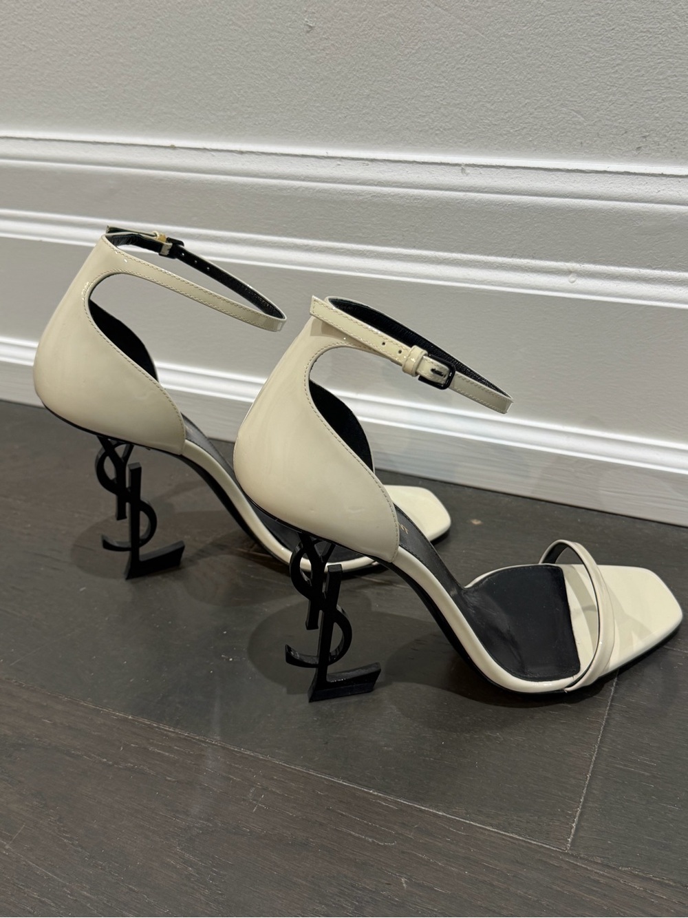 Saint Laurent Ivory Leather Ankle-Strap Heels with Black Logo Heels
